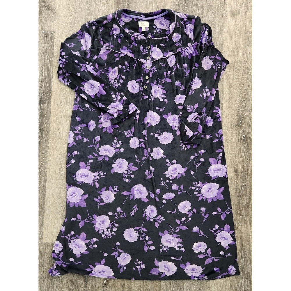 Aria Collection Purple Floral Fleece Nightgown Long Sleeve Sleep Dress Large